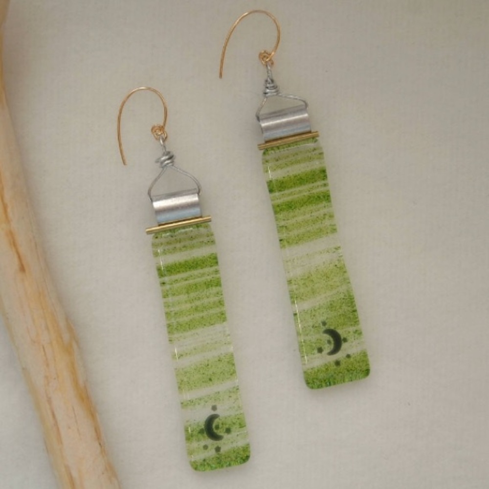 Celestial Green Glitter Glass Earrings Moon Stars
